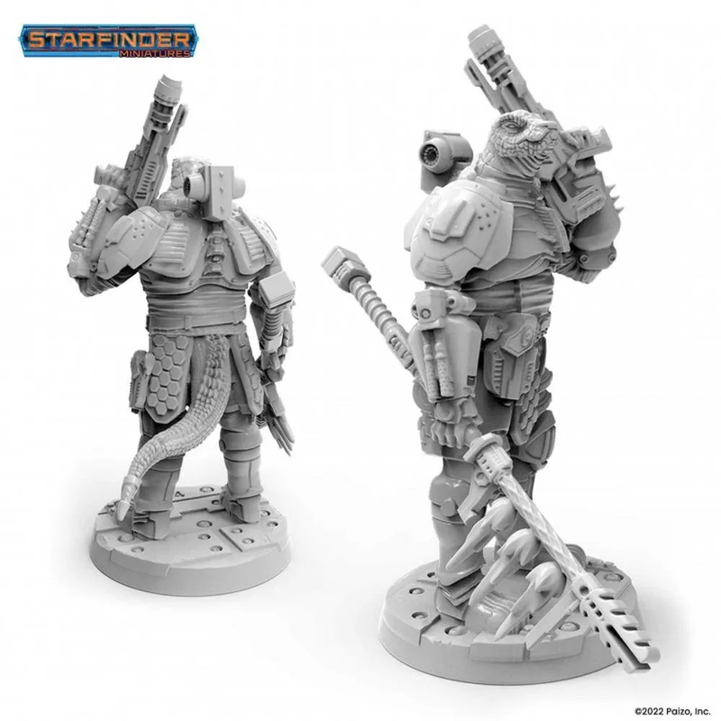 Two views of an unpainted Starfinder Obozaya Vesk Soldier miniatures. One holds a rifle and has a tail, the other a rifle and spear