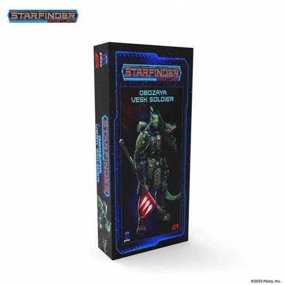 Starfinder Miniatures box featuring Obozaya Vesk Soldier, an armored alien holding a rifle and a red banner