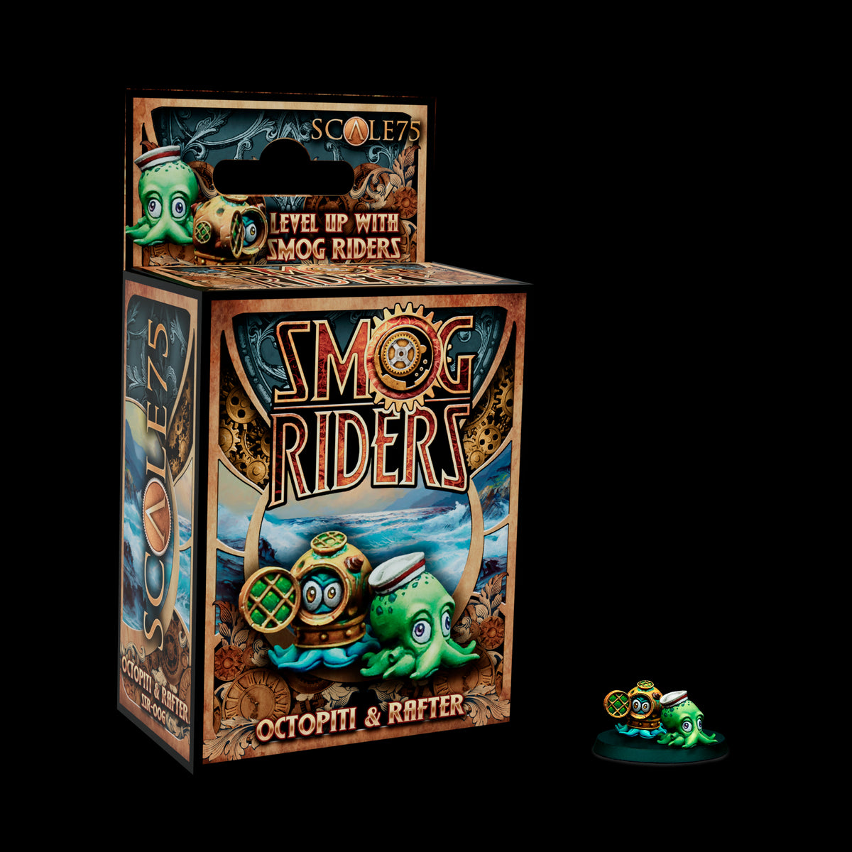 Scale75 Smog Riders &#39;Octopiti &amp; Rafter&#39; miniature box and figurine, featuring a green octopus and a diving helmet creature.