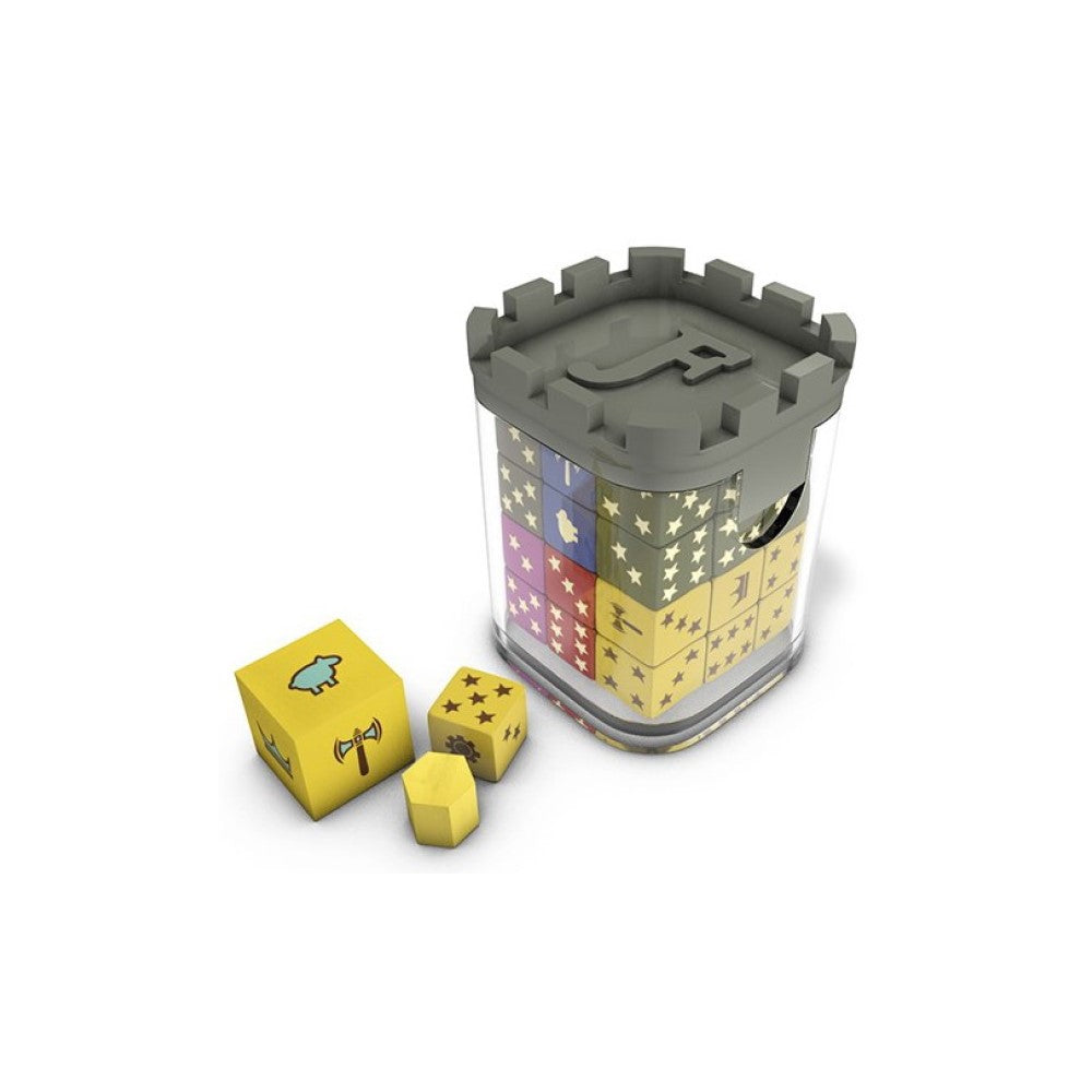 A clear, castle-top container filled with colourful dice, with three yellow dice featuring symbols beside it