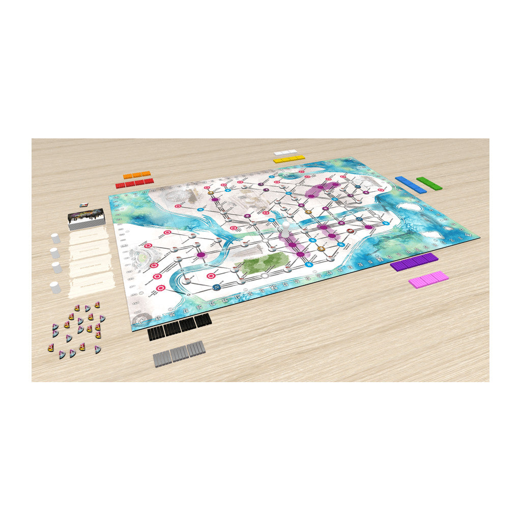 Colourful board game setup on a wooden table, showing a network map board with various tokens, cards, and pieces.