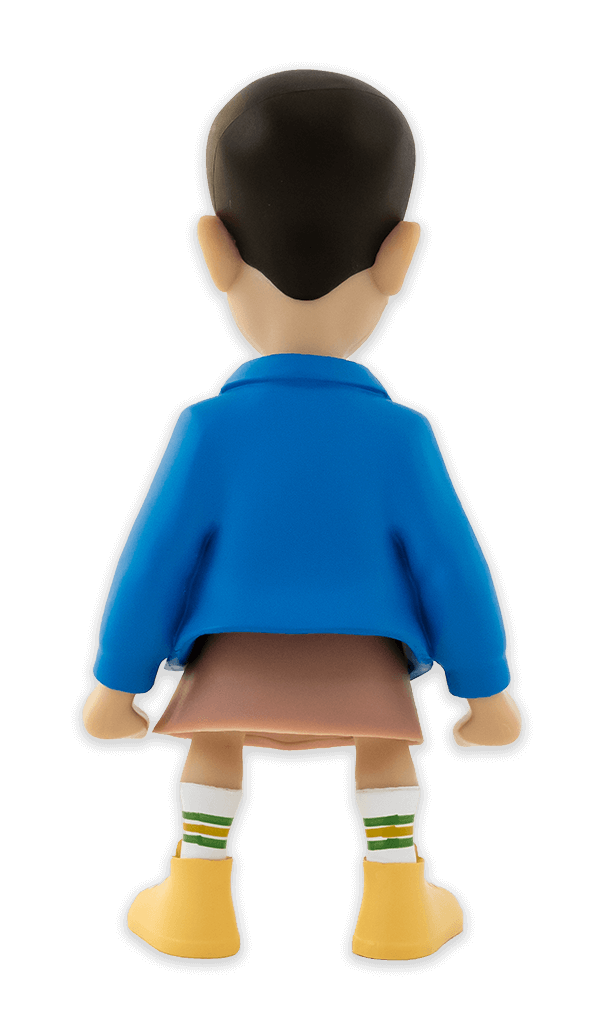 Back view of Minix Stranger Things Eleven collectible vinyl figure with blue jacket pink dress and nosebleed wearing striped socks and yellow shoes