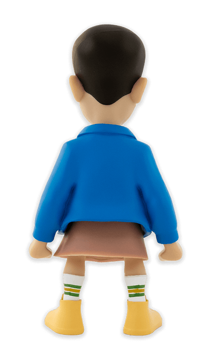Back view of Minix Stranger Things Eleven collectible vinyl figure with blue jacket pink dress and nosebleed wearing striped socks and yellow shoes
