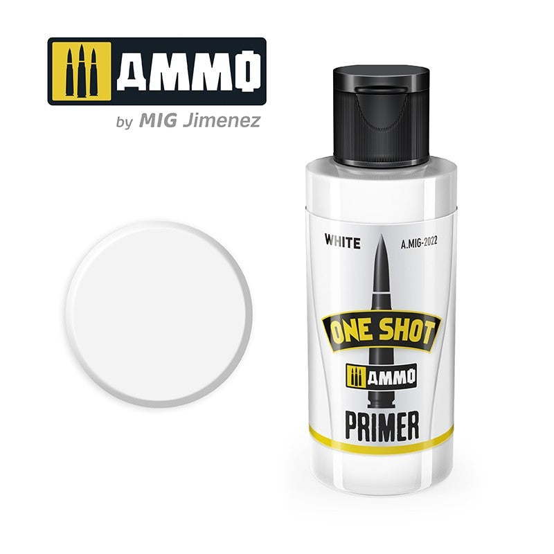 A white 60ml Ammo by MIG One Shot Primer bottle with a black flip-top cap stands next to a matching circular white swatch, its label showing "ONE SHOT PRIMER" and a bullet design