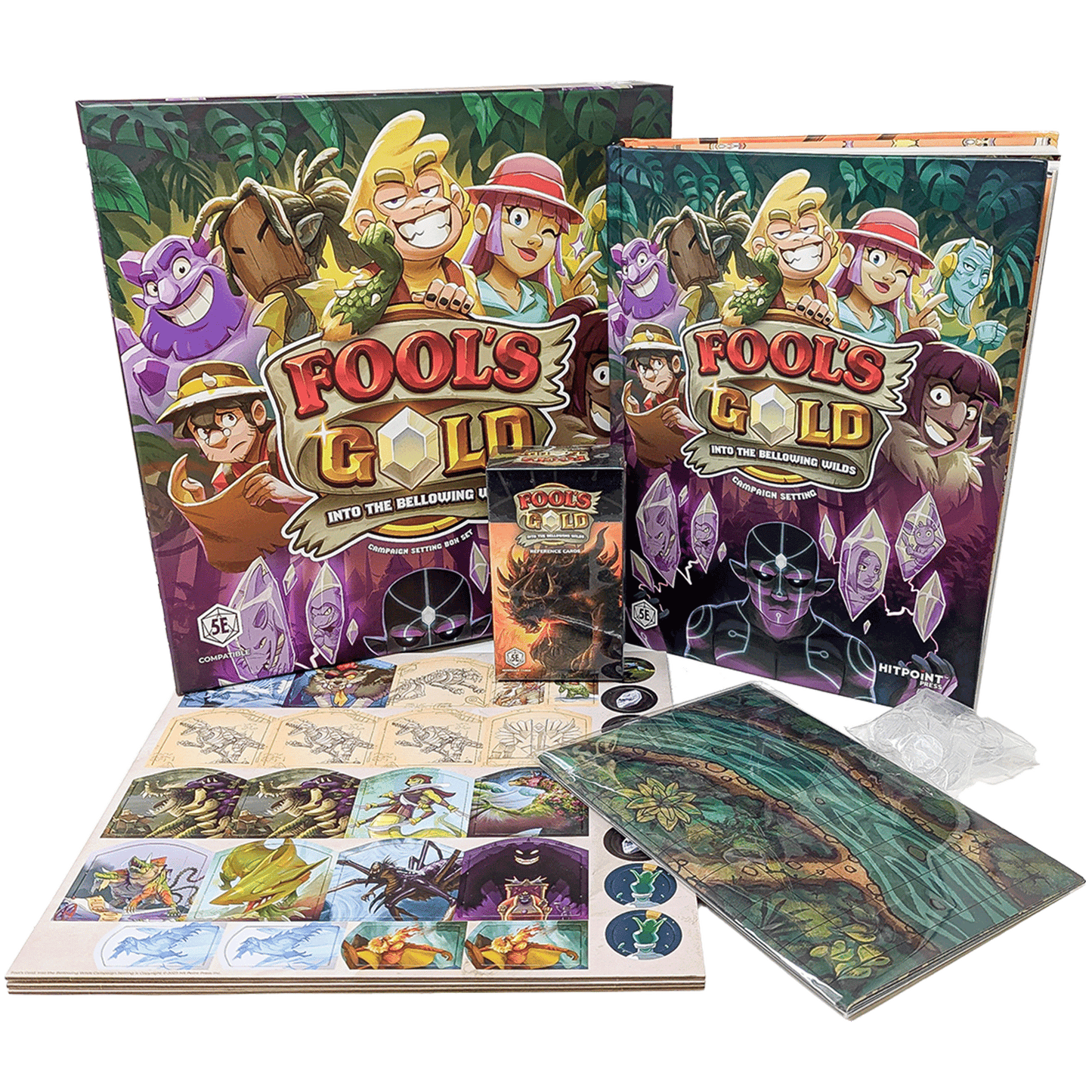 Colorful "Fool's Gold: Into the Bellowing Wilds" 5E campaign set, with boxes, cards, punch-out tokens, and map tiles