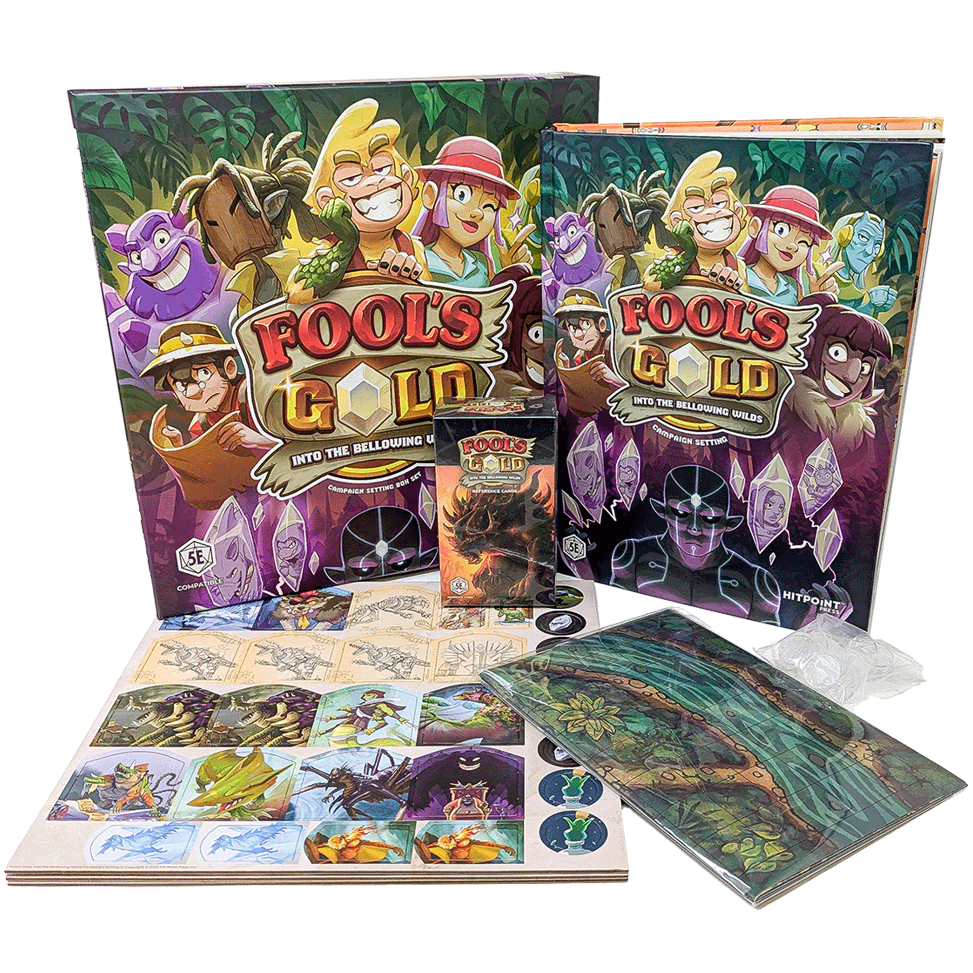 Colorful "Fool's Gold: Into the Bellowing Wilds" 5E campaign set, with boxes, cards, punch-out tokens, and map tiles
