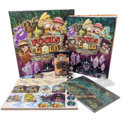 Colorful "Fool's Gold: Into the Bellowing Wilds" 5E campaign set, with boxes, cards, punch-out tokens, and map tiles