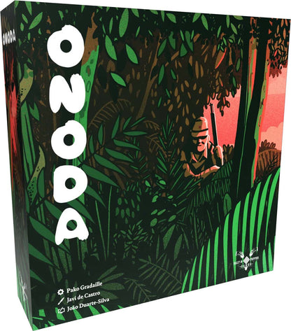 ONODA board game cover: Soldier with a rifle hiding in dark, dense jungle foliage