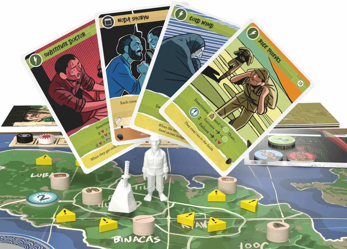 Four illustrated Onada board game cards hover above a map board, surrounded by tokens and a white soldier figure