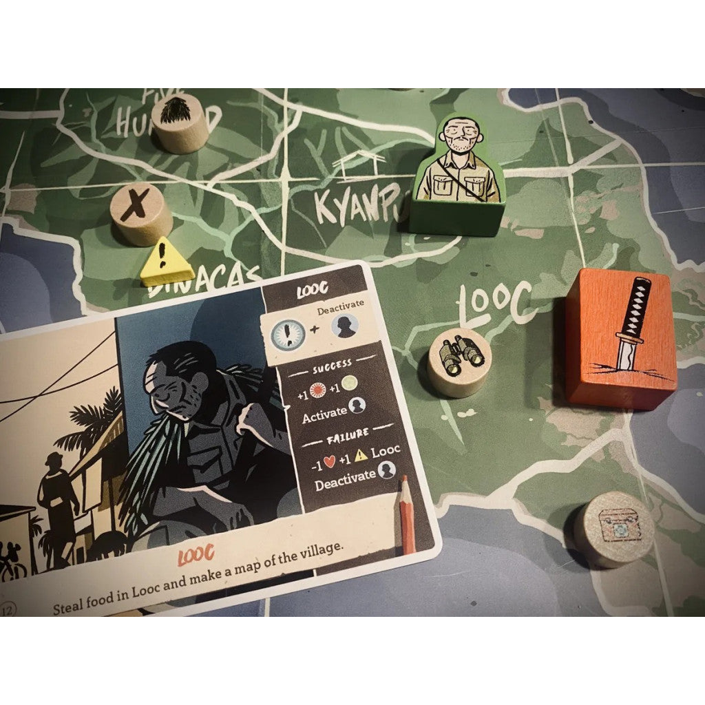 Onada Board game components: "Looc" action card, character standee, and various wooden tokens (katana, binoculars) on a green map board