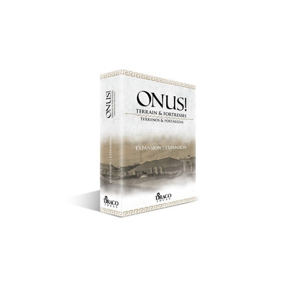 An "ONUS! Terrain & Fortresses" game expansion box, featuring a muted illustration of ancient city walls and hills.