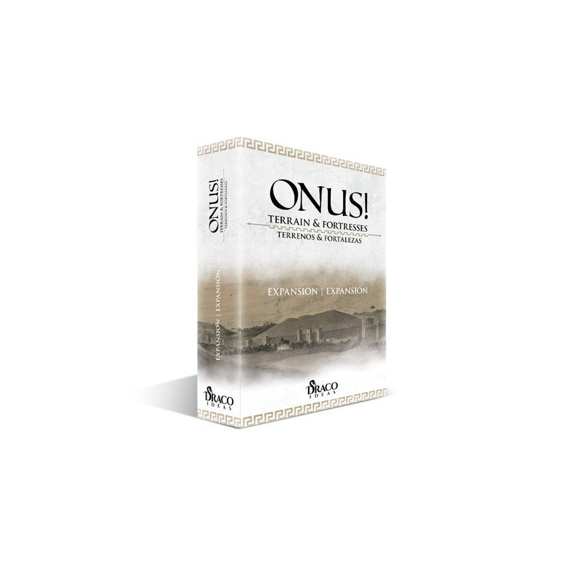 An "ONUS! Terrain & Fortresses" game expansion box, featuring a muted illustration of ancient city walls and hills.