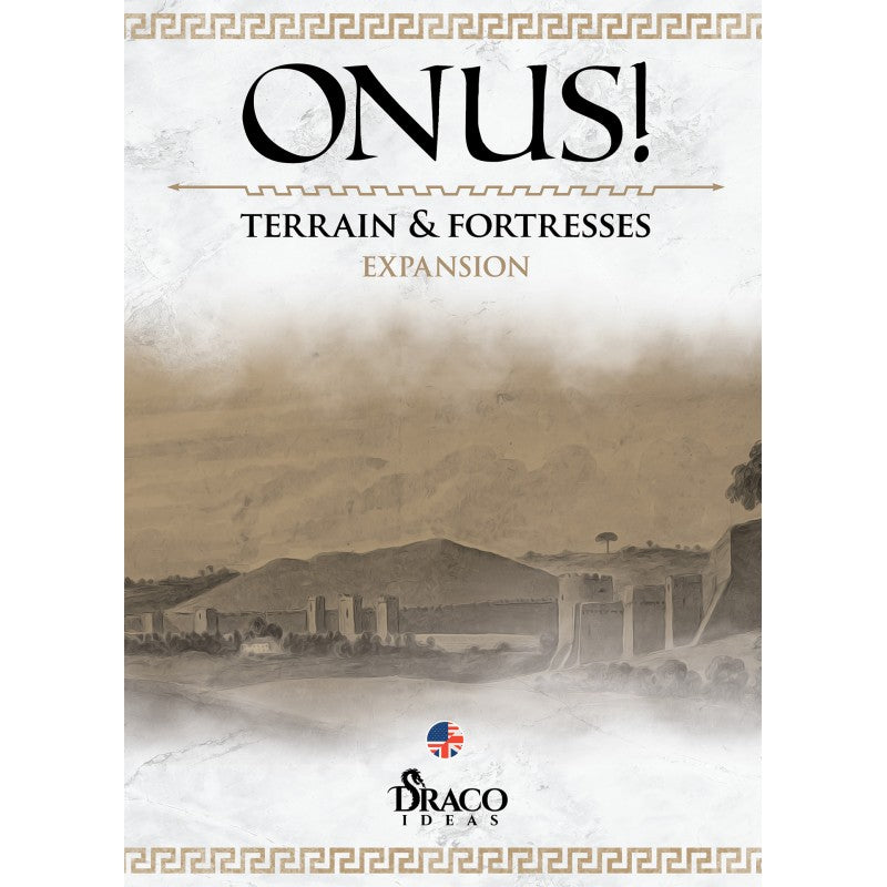 Cover art for ONUS! Terrain &amp; Fortresses Expansion, showing an ancient landscape with fortified walls under a hazy sky.