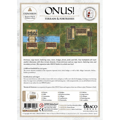 Board game expansion box for ONUS! Terrain & Fortresses, showing armies fighting across a river and besieging a fortress.