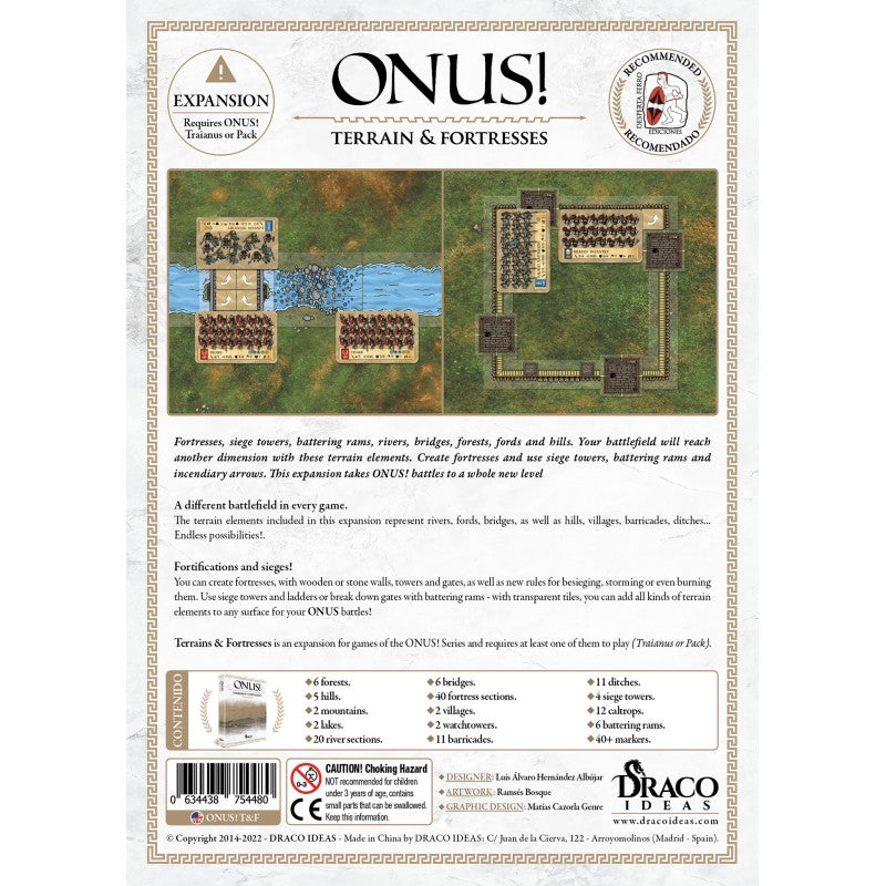 Board game expansion box for ONUS! Terrain &amp; Fortresses, showing armies fighting across a river and besieging a fortress.