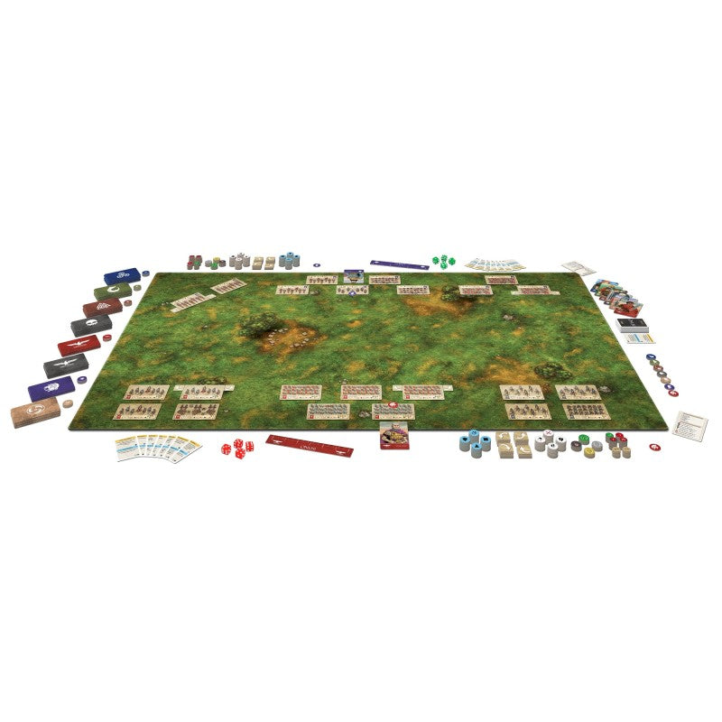 Overhead view: A strategic tabletop wargame fully set up on a green terrain mat, featuring army units, cards, and dice.
