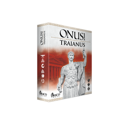 ONUS! Traianus board game box showing a Roman emperor statue in armor, holding a raised staff and a sword, red background.