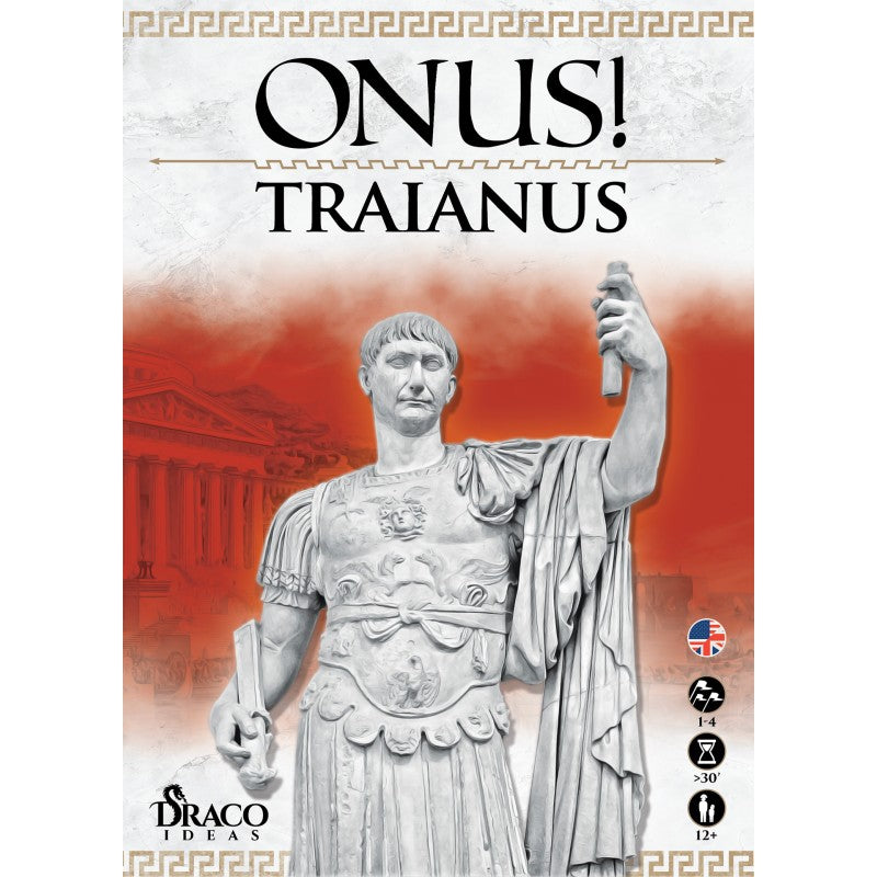 White statue of Roman Emperor Trajan in ornate armor, holding a raised baton, against a red background. ONUS! TRAIANUS.