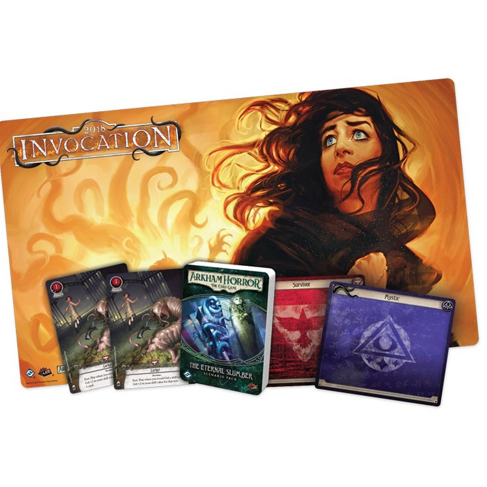 Arkham Horror LCG 2018 Invocation playmat showing a scared woman -  "Eternal Slumber" pack -  and other game cards