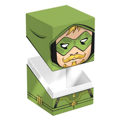 Open, green storage box featuring Green Arrow's hooded face on the lid and suit details on the base