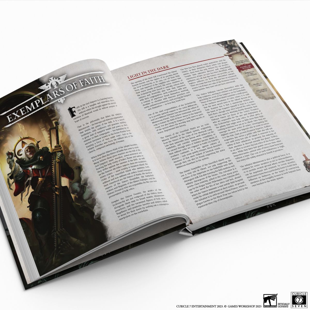 Warhammer 40000 Wrath Glory Redacted Records Volume 2 open rulebook displaying the 'Exemplars of Faith' and 'Light in the Dark' chapters with detailed