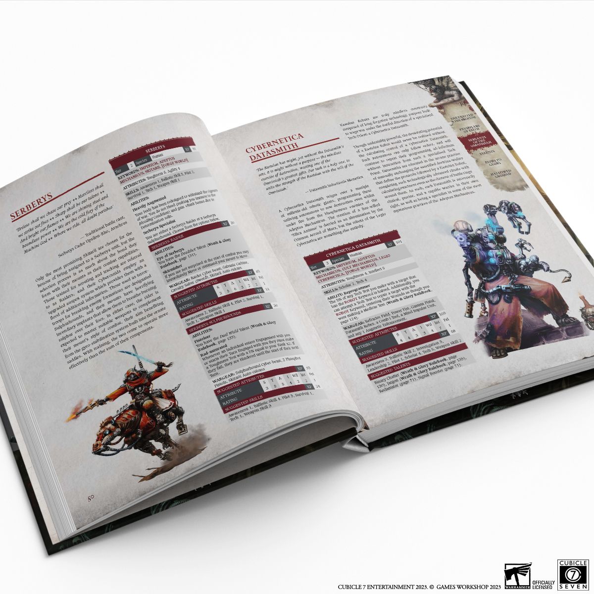 Warhammer 40000 Wrath Glory Redacted Records Vol 2 rulebook showcasing two character pages with art and detailed stats for Serberys and Cybernetica Data Smith