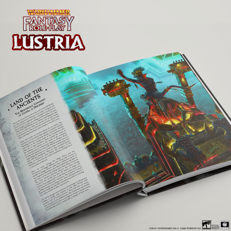 Warhammer Fantasy Role-Play Lustria book open to pages describing the mysterious ancient continent