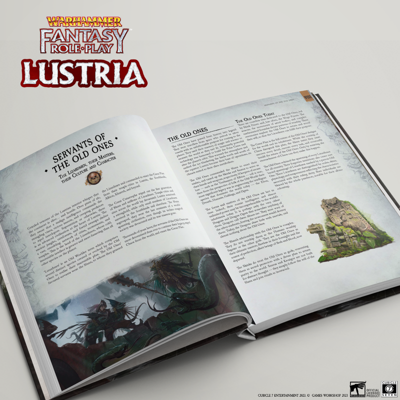 Open book with a detailed illustration of green scaled figures in a jungle setting on the left page and text titled The Old Ones on the right