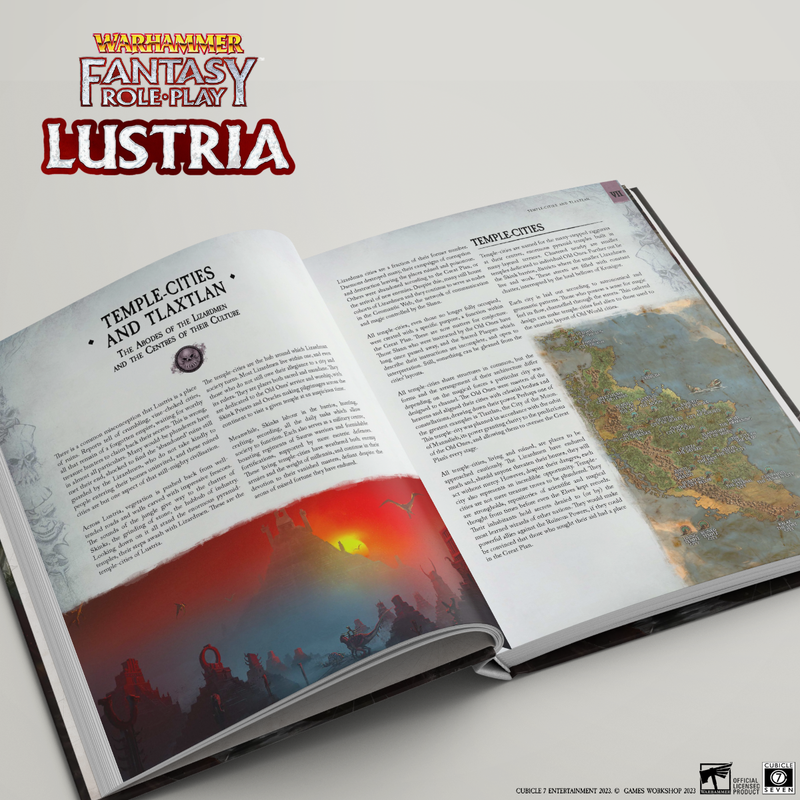 Open fantasy roleplaying game book showing vivid jungle artwork and text about Temple-Cities and Tlaxitlan
