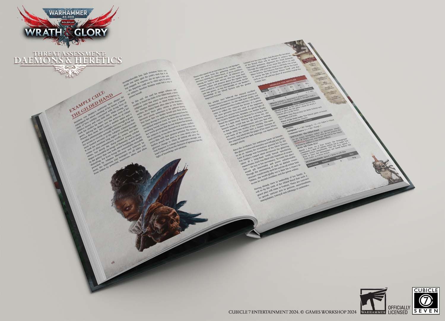 An open Warhammer 40,000 Wrath & Glory RPG book displaying a winged figure, a skull, game rules, and tables