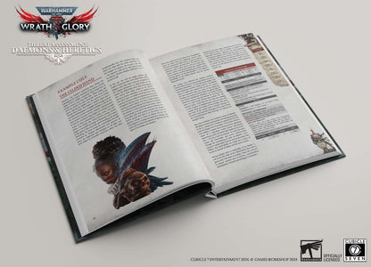 An open Warhammer 40,000 Wrath & Glory RPG book displaying a winged figure, a skull, game rules, and tables