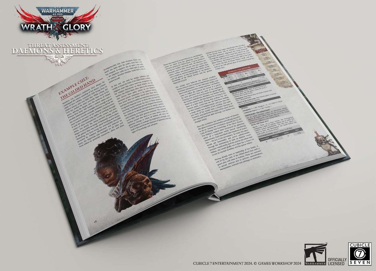 An open Warhammer 40,000 Wrath &amp; Glory RPG book displaying a winged figure, a skull, game rules, and tables