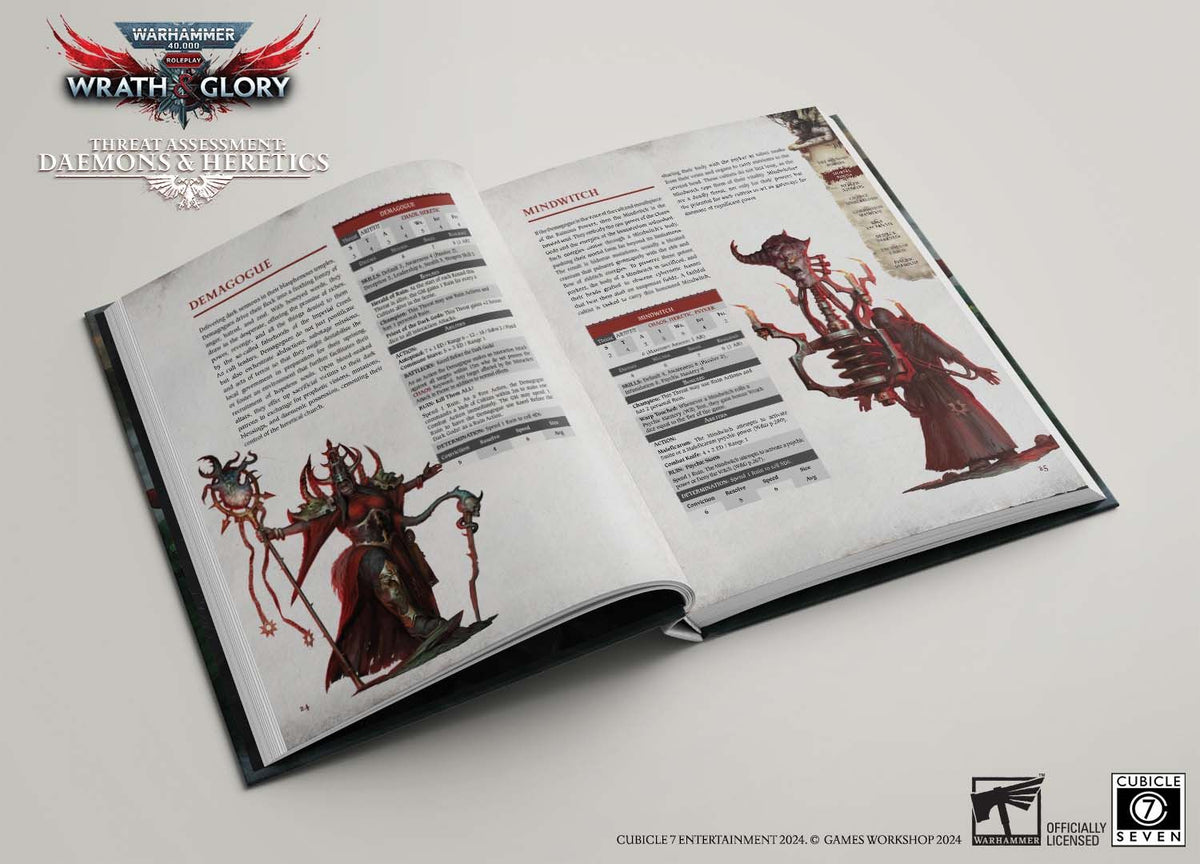 An open Warhammer 40,000 roleplaying book, &quot;Threat Assessment: Daemons &amp; Heretics&quot;, showing illustrated creature profiles