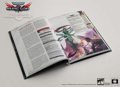 An open Warhammer 40k RPG book, 'Daemons & Heretics', displaying text and a vibrant illustration of a Keeper of Secrets daemon