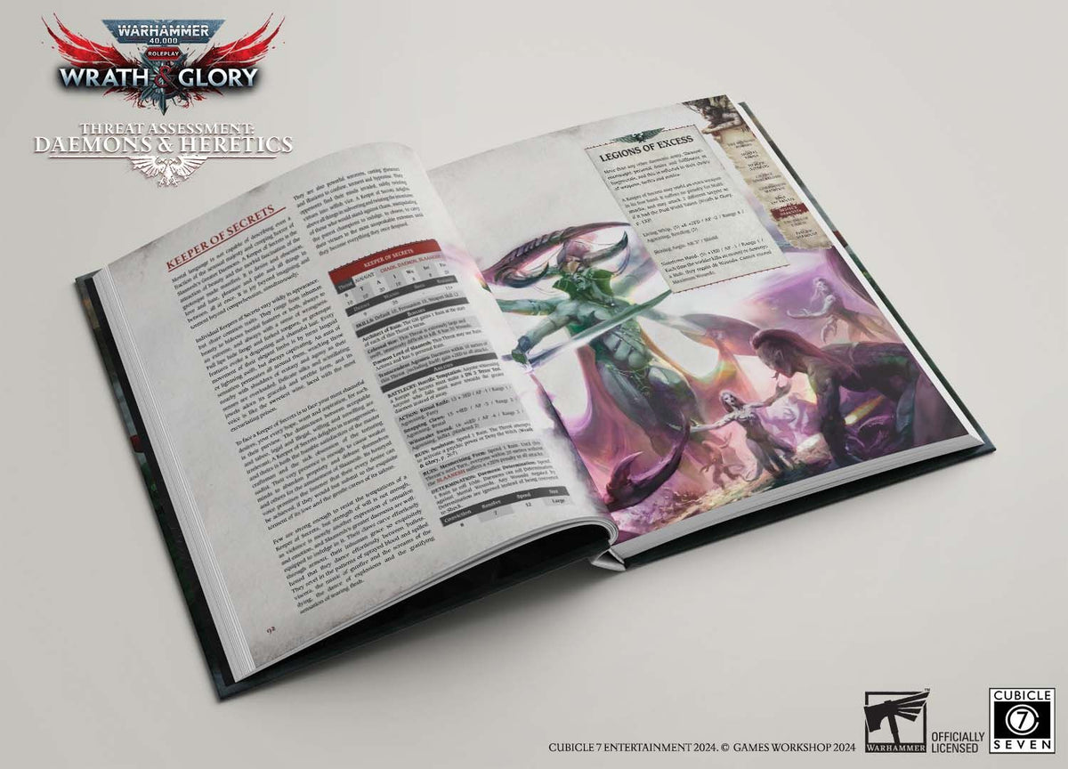 An open Warhammer 40k RPG book, &#39;Daemons &amp; Heretics&#39;, displaying text and a vibrant illustration of a Keeper of Secrets daemon