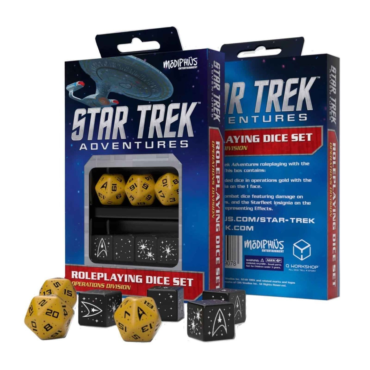 Two Star Trek Adventures RPG dice sets, Operations Division. Gold numbered dice and black Starfleet insignia dice shown, some spilled.