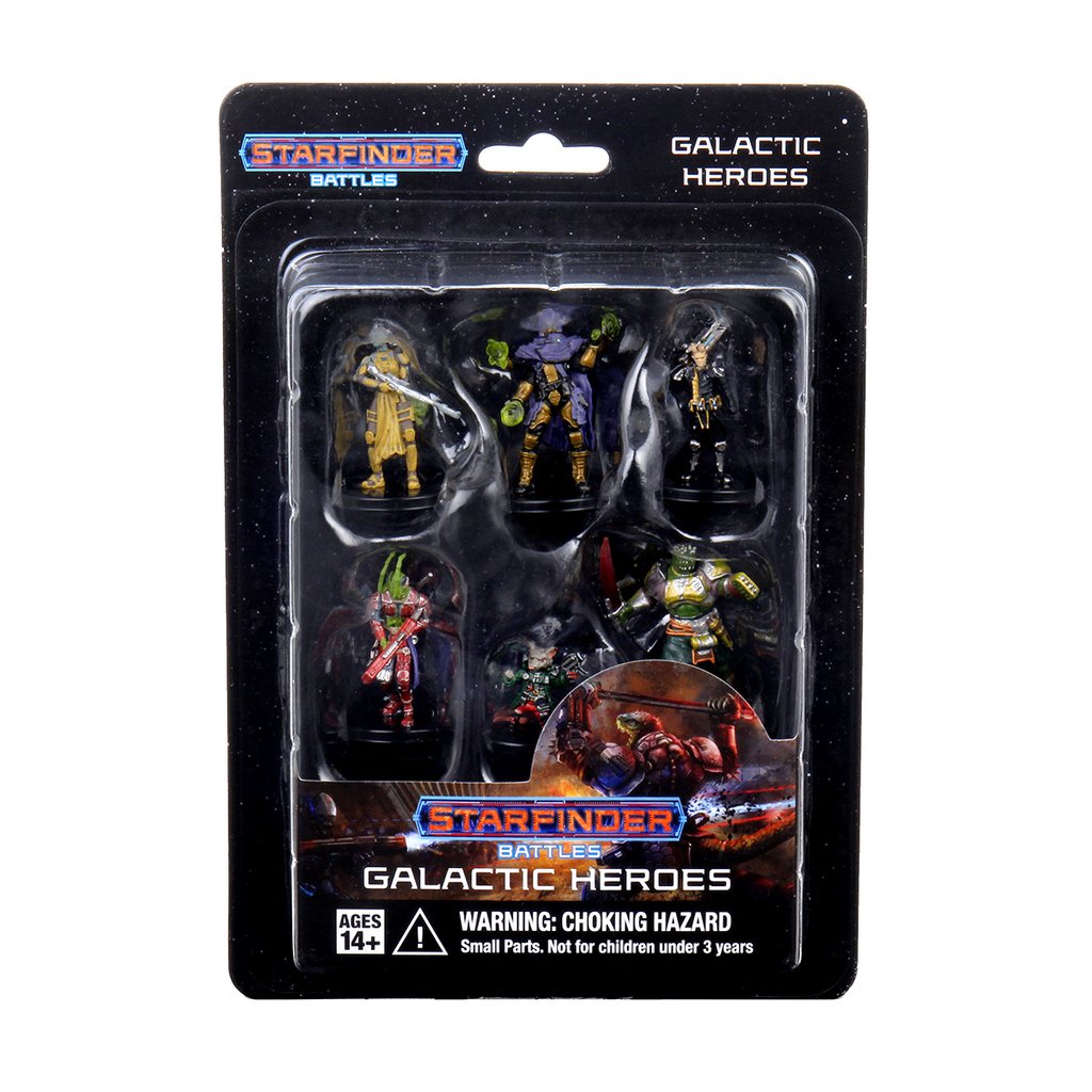Starfinder Battles Galactic Heroes set: Six diverse, painted sci-fi miniature figures displayed in a clear plastic blister pack