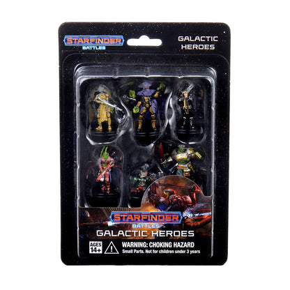 Starfinder Battles Galactic Heroes set: Six diverse, painted sci-fi miniature figures displayed in a clear plastic blister pack