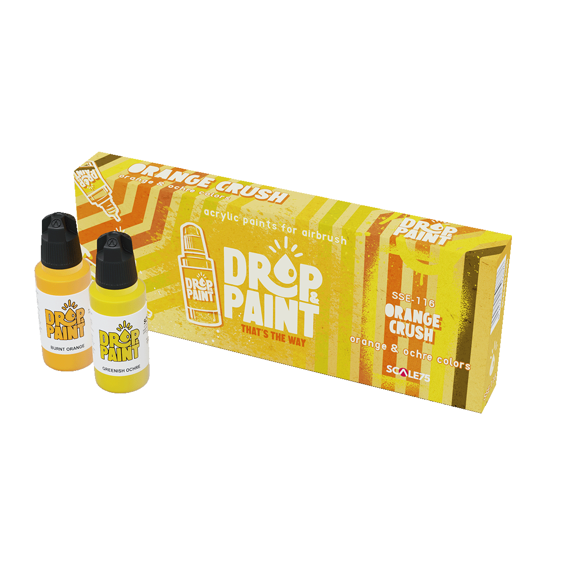 An "Orange Crush" airbrush paint set from Drop & Paint, with an orange box and two bottles: Burnt Orange and Greenish Ochre