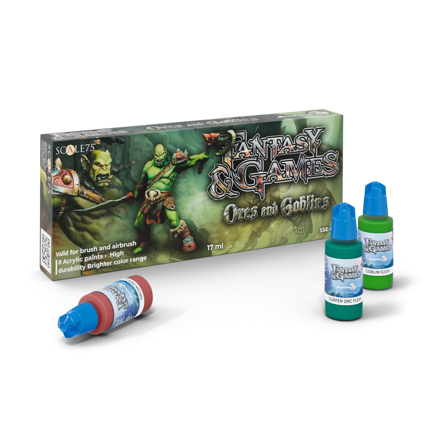 Scale75 Orcs & Goblins acrylic paint set box with fantasy orc art, one red and two green paint bottles