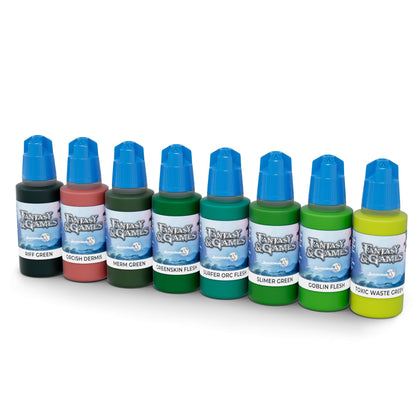 Eight Scalecolor Fantasy & Games miniature paints, in shades of green and reddish-brown, lined up