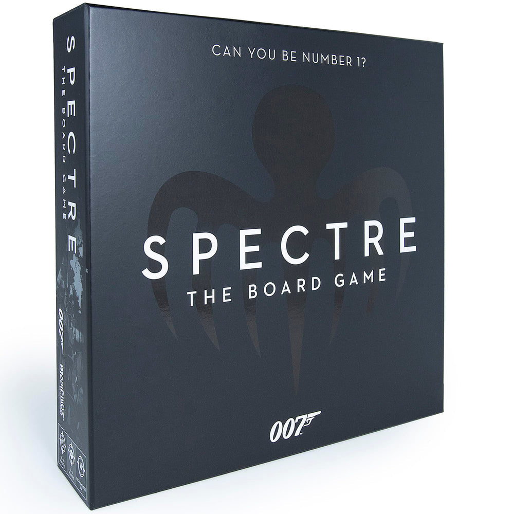 Angled view of a black 'SPECTRE THE BOARD GAME' box, featuring an octopus and 007 logo