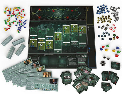 James Bond 007 board game set spread on a white surface, showing the board, cards and game pieces