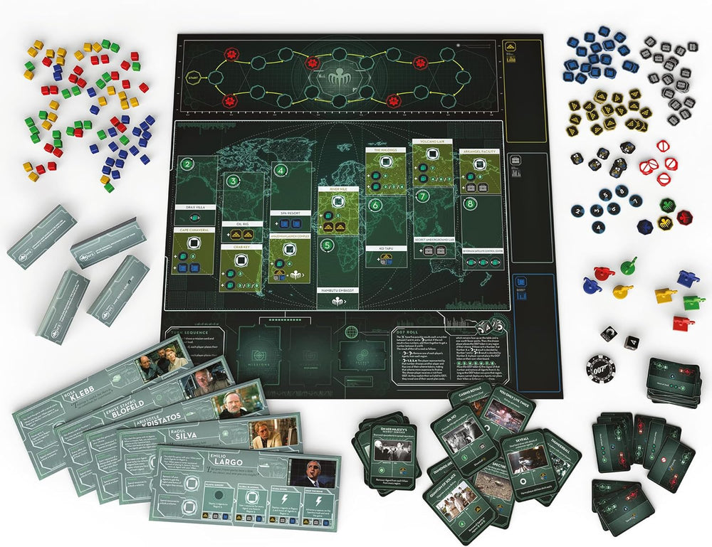 James Bond 007 board game set spread on a white surface, showing the board, cards and game pieces