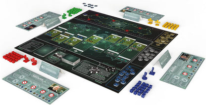 An overhead view of a James Bond 007 board game, showing a dark world map, character boards, cards and many coloured pieces