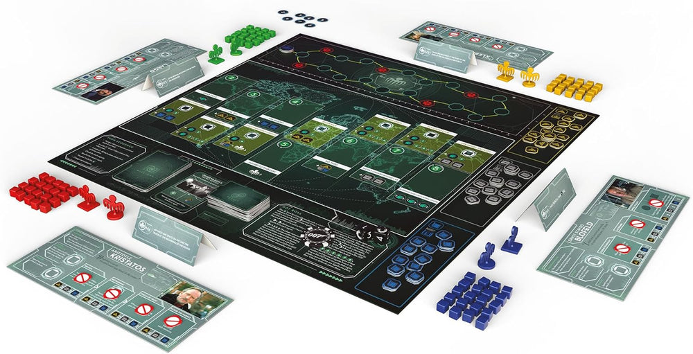 An overhead view of a James Bond 007 board game, showing a dark world map, character boards, cards and many coloured pieces