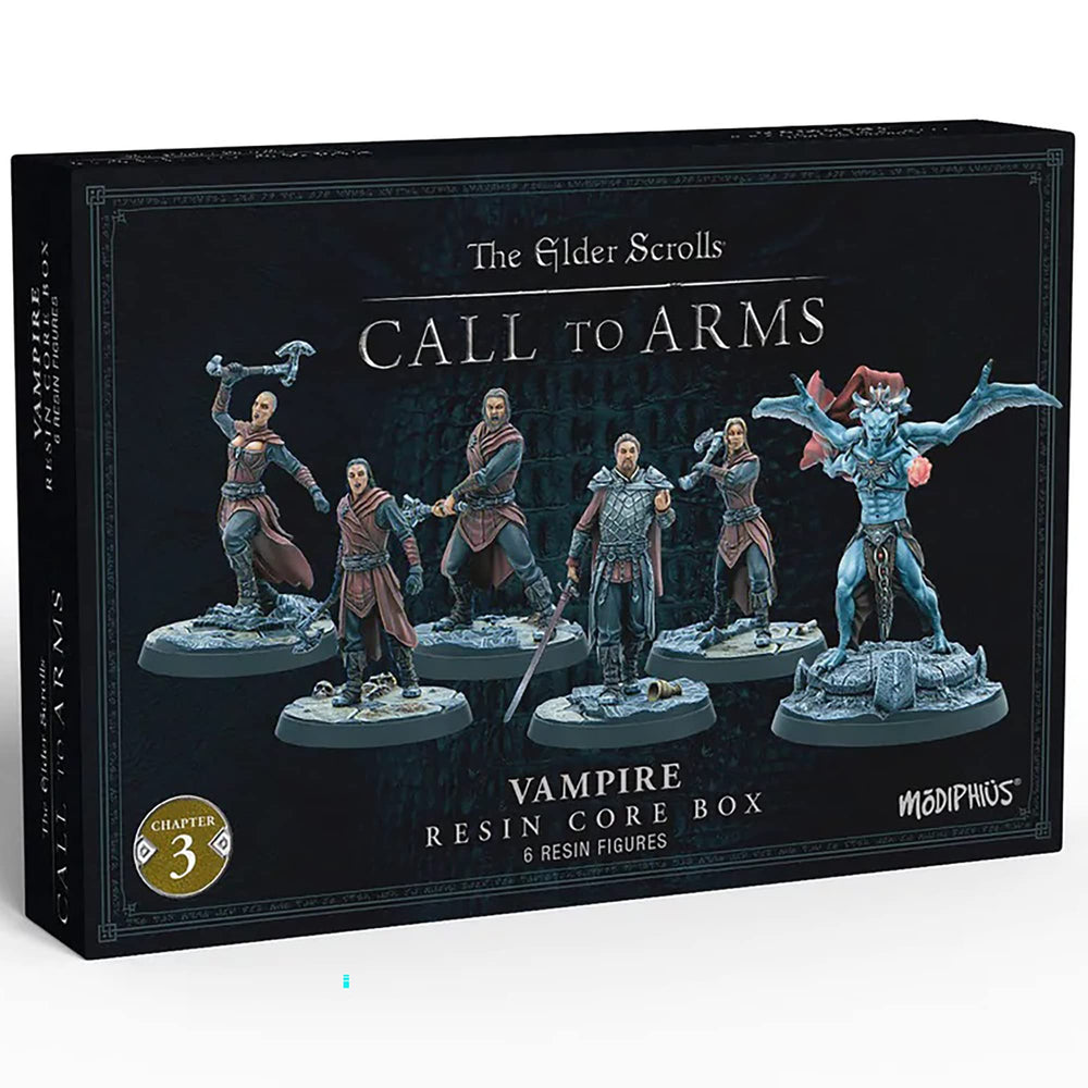A black box for The Elder Scrolls: Call to Arms Vampire Core Box displays 6 detailed figures: a large blue horned creature and 5 human warriors.