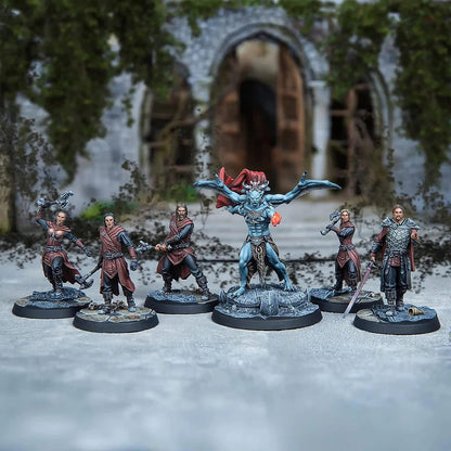 Six detailed fantasy miniatures: a central blue winged demon with an orb, flanked by five armed warriors, set against ruins.