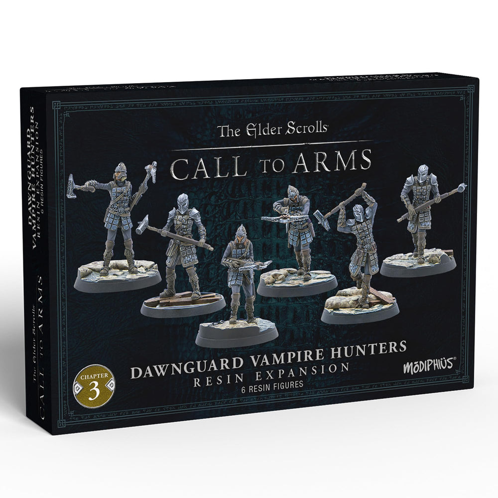 Box for The Elder Scrolls Call to Arms: Dawnguard Vampire Hunters expansion, featuring six armored resin figures.