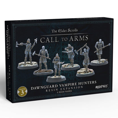 Box for The Elder Scrolls Call to Arms: Dawnguard Vampire Hunters expansion, featuring six armored resin figures.